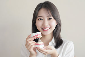 歯の模型を持つ女性