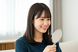 鏡を見て微笑む女性
