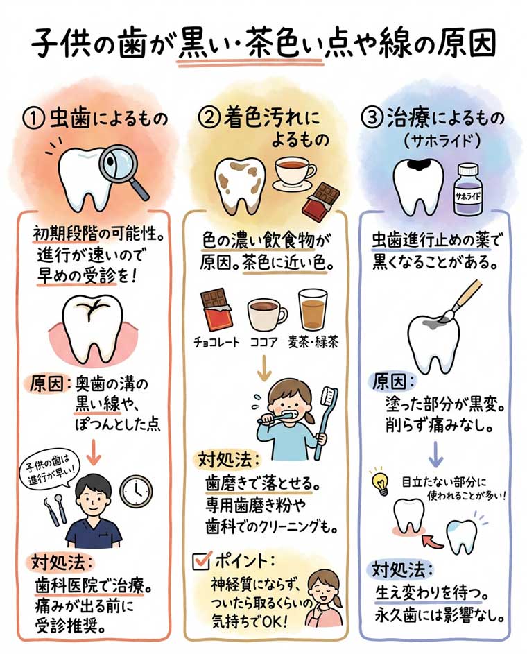 子供の歯が黒い・茶色い点や線の原因の図解