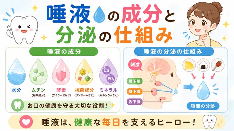 唾液の成分と分泌の仕組みの図解