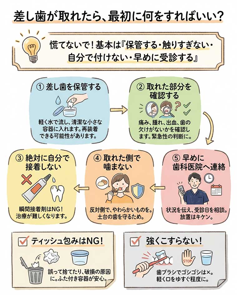 差し歯が取れたら、最初に何をすればいい？の図解
