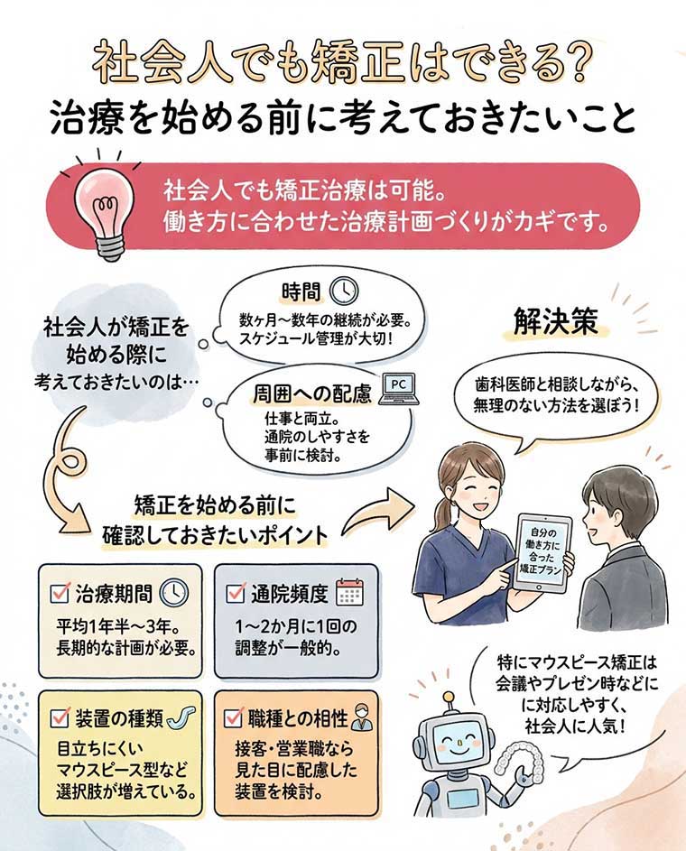 社会人でも矯正はできる？治療を始める前に考えておきたいことの図解