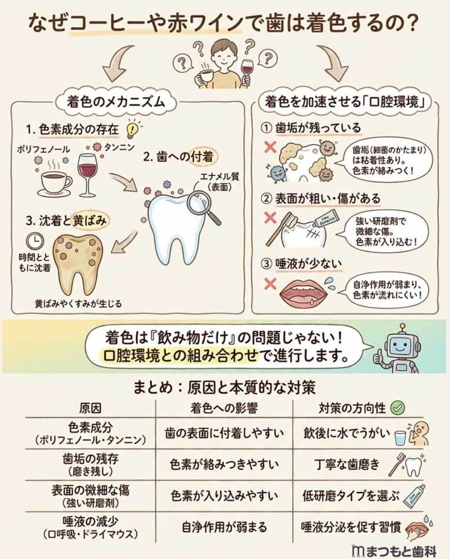 なぜコーヒーや赤ワインで歯は着色するの？