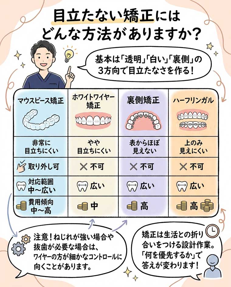 目立たない矯正にはどんな方法がありますか？の図解