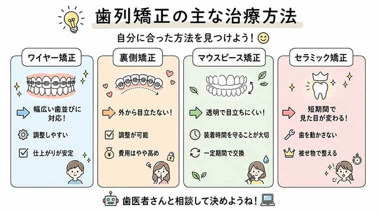歯列矯正の主な治療方法の図解