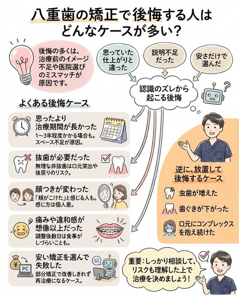 八重歯の矯正で後悔する人はどんなケースが多い？の図解