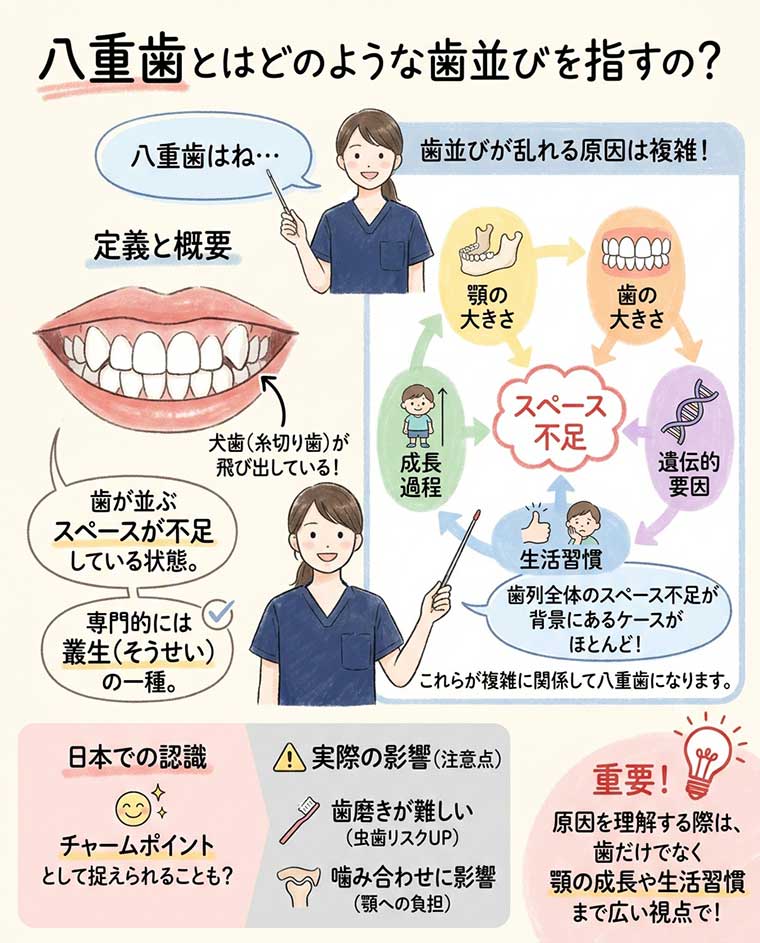 八重歯とはどのような歯並びを指すの？の図解
